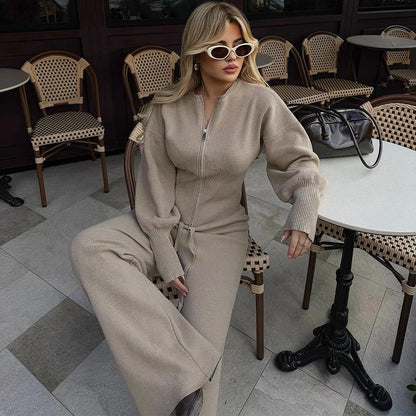 Bornladies 2026 Spring  New Knitted Wo-piece Set Zipper Top High-waisted Elastic Waist Straight Pants Set Mininalist Casual Suit