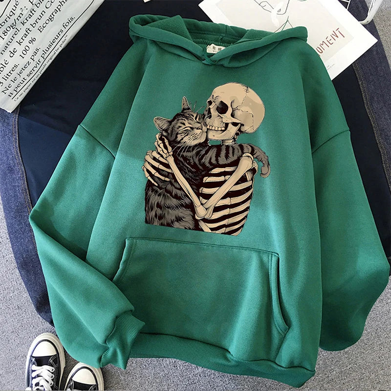 Halloween Skull and Cat Print Kangaroo Pocket Hoodies Fall Winter Long Sleeve Sweatshirt Unisex Funny Vintage Hooded 90s Clothes