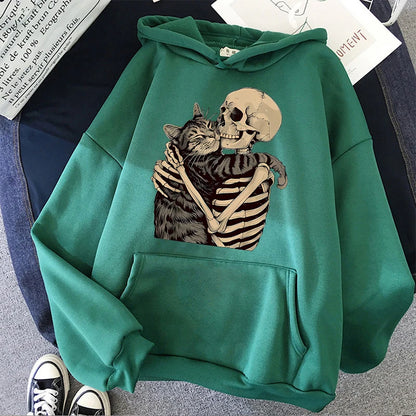 Halloween Skull and Cat Print Kangaroo Pocket Hoodies Fall Winter Long Sleeve Sweatshirt Unisex Funny Vintage Hooded 90s Clothes