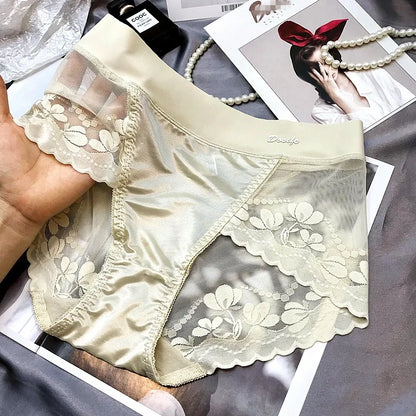 Women Luxury Satin panties Tummly control summer Sexy Lace briefs High waist Plus size Cotton crotch Breathable Underpants Linge