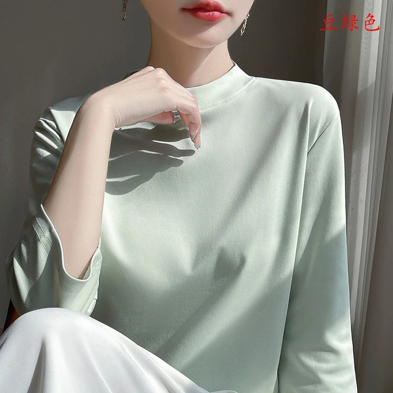 Cotton Cropped T-Shirt - Women's Semi-High Neck Loose Fit Three Quarter Sleeve Top