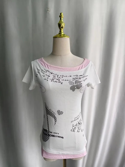 Kimutomo Women T Shirts Polka Dot Printed Short Sleeve Slim Grunge Gothic Y2k Aesthetic Harajuku Tops Ladies Fashion Casual Tee