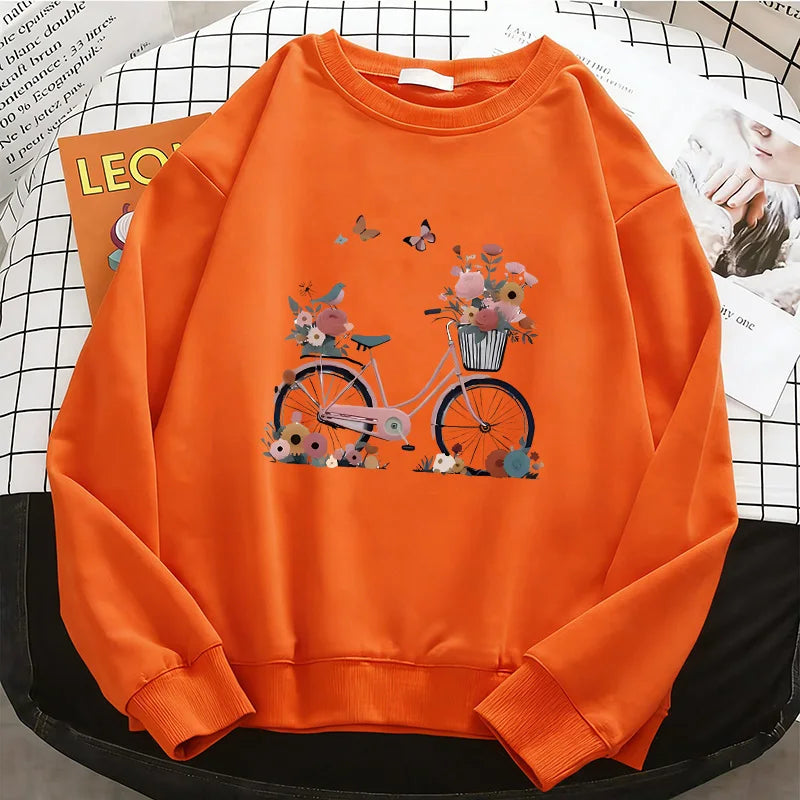 Womens Hoodies Retro Floral Butterfly with Bicycle Print Warm Fleece Sweatshirt Soft O-Neck Pullover Casual Female Clothes