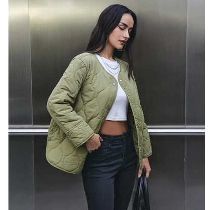 Quilted Jacket Women - Warm Winter Padded Coat With Covered Button Closure