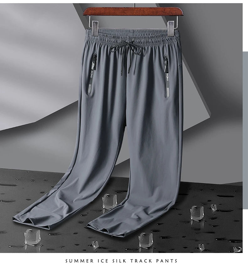 Men's Athletic Stretchy Ice Silk Quick Dry Pants Zipper Pockets Lightweight Sweatpants Outdoor Hiking Breathable Running Workout
