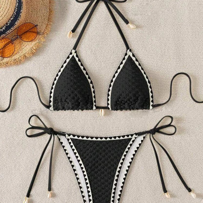 Halter Bikini Set - Wrinkled Weave Polyester Swimwear With Push Up Support