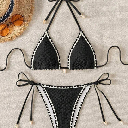 Halter Bikini Set - Wrinkled Weave Polyester Swimwear With Push Up Support