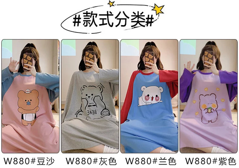 New Spring Summer Cotton Women's Pajamas Cute Long-sleeved Nightdress Cartoon Print Dress Home Service