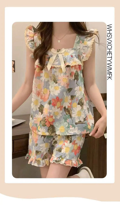 Set Sexy Women Summer Pajamas Sleeveless Sleepwear Trousers Sets Short Sleeve Sleepwear Women's Pajama Sleeping Sleep Lounge