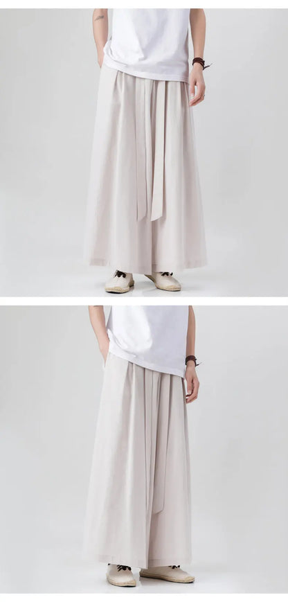 Chinese Style Linen Cotton Retro Pants Man Summer Kimono  Solid Color Traditional Pants Male Streetwear Casual Wide-Leg Trousers