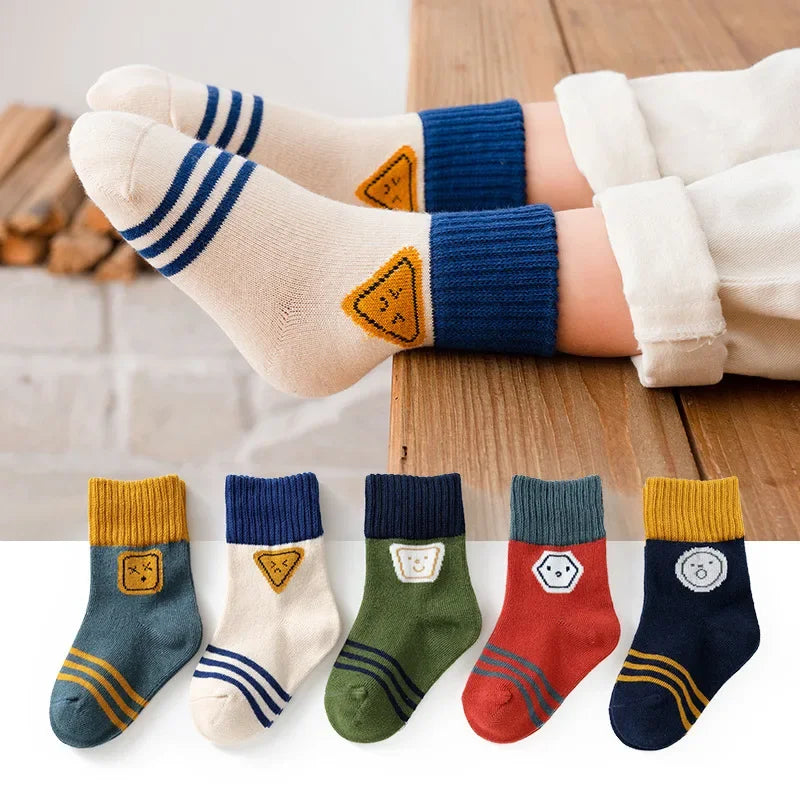 5 Pairs of Four-season Baby Socks Spring & Fall Cartoon Kitten Winter Mid-tube Socks Boys and Girls  Socks Toddler