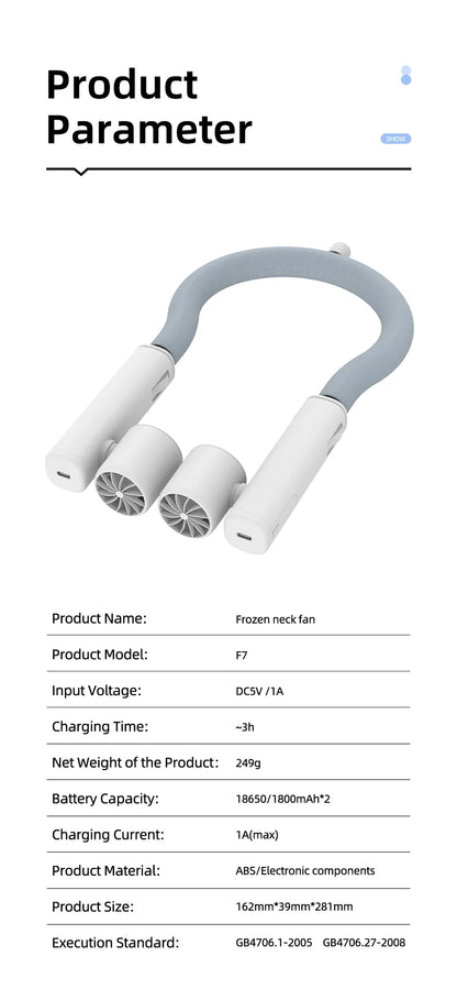 Detachable Ice-Cool Neck Fan, 360° Cooling with Freezable Ice Ring , 3 Speeds, Large Battery, Hands-Free for Outdoor, Commuting