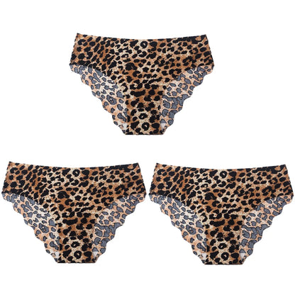3pcs Women's Seamless Ice Silk Panties Female Mid Waist Plus Size Leopard Print Underwear Girls Fashion Brief Lady Comfort Panty