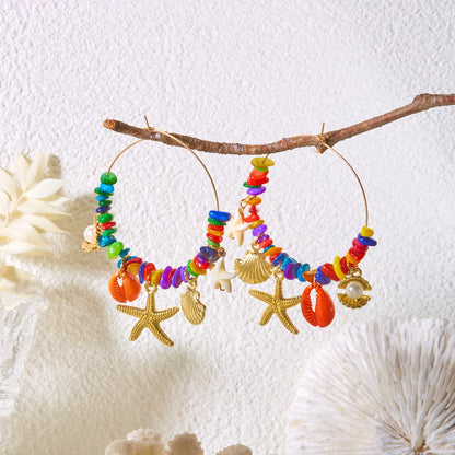 Boho Stone Hoop Earrings – Starfish & Shell Dangle (Y2K Beach)