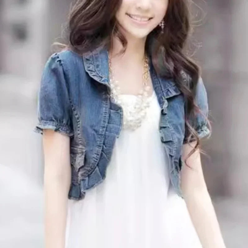 Vintage Blue Denim Jackets Short Sleeve Slim Fit Summer Women Jacket Coats Cute Petter Pan Collar Ruffled Sweet Women Japanese