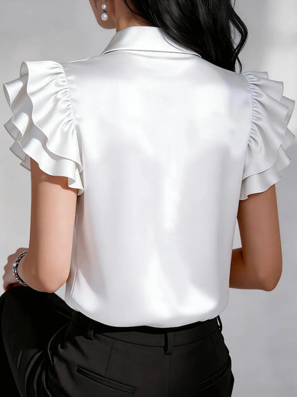 Elegant Satin Button Down Shirt for Women Ruffle Sleeve Collared Office Work Blouse