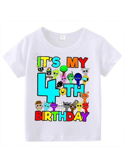 Kids Birthday Cute Cartoon Characters Graphic T-Shirt, Soft Cotton Crew Neck Tee, Casual Party Wear for Boys & Girlsdf0019