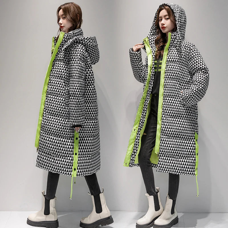 2023 Winter Warm  Plaid Long  Coat Women ' s Fashion Thicken Hooded Puffer Jacket Female Windproof Warm Outwear
