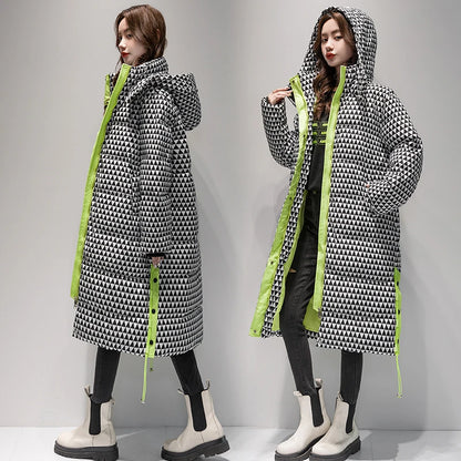 2023 Winter Warm  Plaid Long  Coat Women ' s Fashion Thicken Hooded Puffer Jacket Female Windproof Warm Outwear