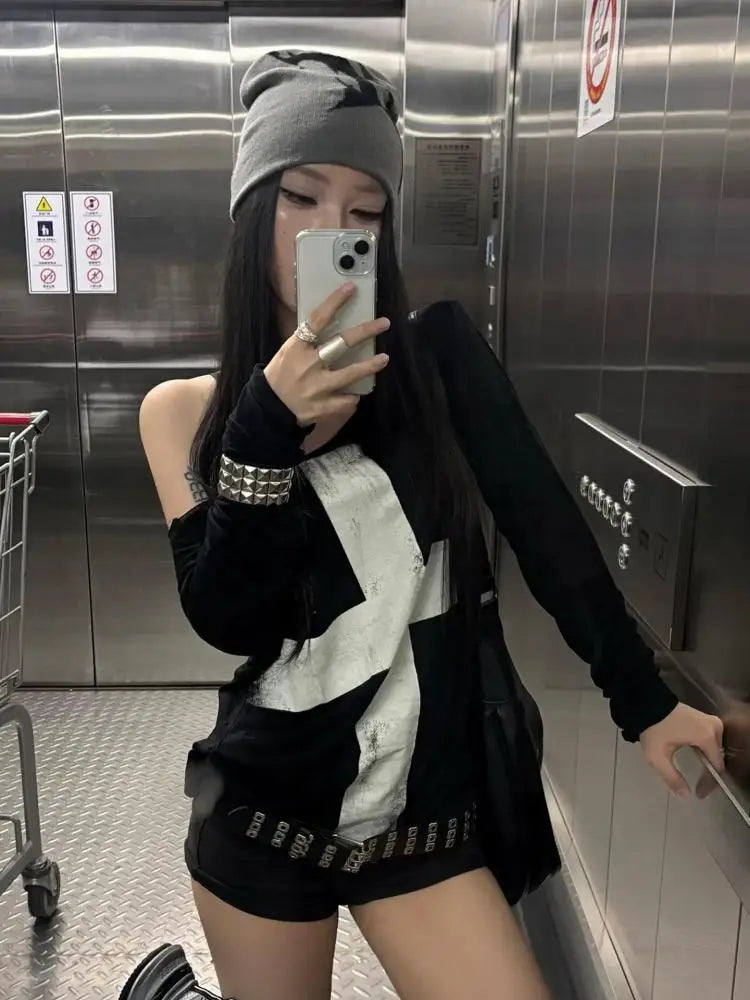 Seeslim Print Cross Graphic T Shirts Woman Long Sleeve Blck Goth Autumn Spring Tops Tees Female Clothing 2000s Clothes Y2k Chic