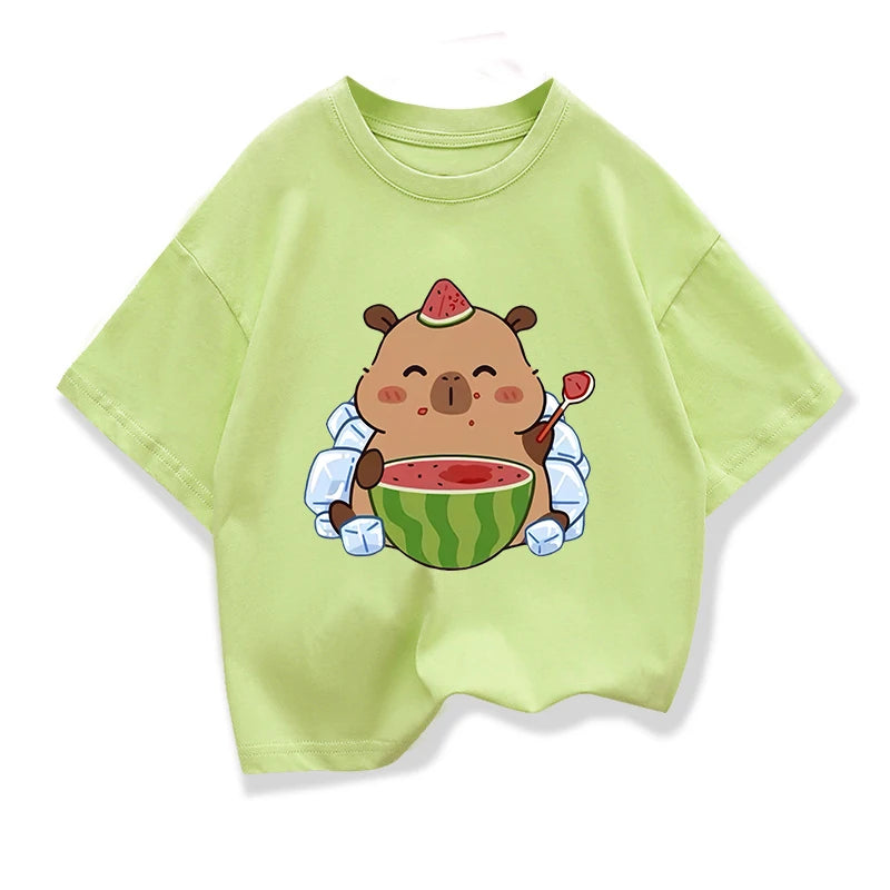 Summer New Capybara Watermelon Printed Cartoon Fashion Short Sleeve T-shirt Kids Clothing Tees Girls Loose Casual Tops T Shirts