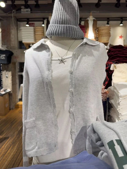 Pockets Twist Flower Knitted Sweater Cardigan O-Neck Single Breasted Long Sleeve Slim Sweaters Vintage Streetwear Gray Crop Tops