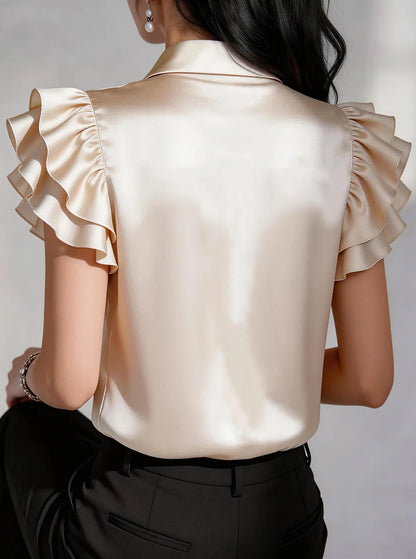Elegant Satin Button Down Shirt for Women Ruffle Sleeve Collared Office Work Blouse