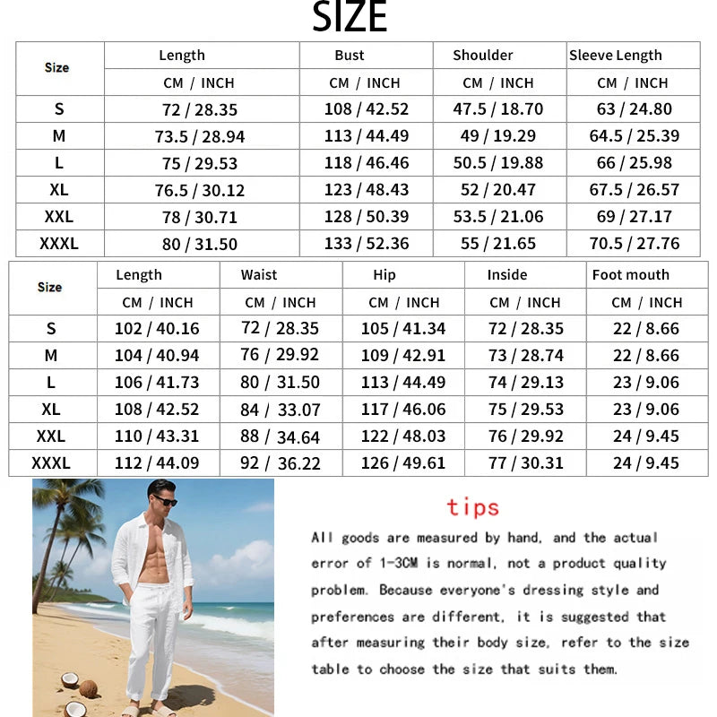 Men's Autumn Loose Trend Linen Solid Color Simple Lapel Long-Sleeved Shirt Beach Trousers Set