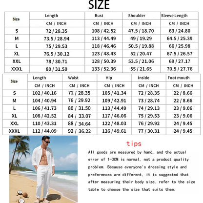 Men's Autumn Loose Trend Linen Solid Color Simple Lapel Long-Sleeved Shirt Beach Trousers Set