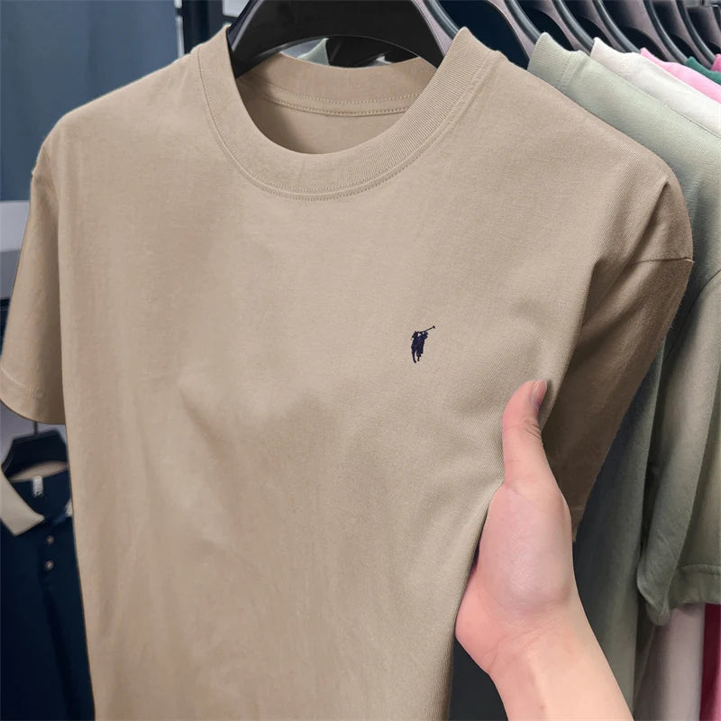 Xiaoma Embroidery Casual Pure Cotton Short Sleeved T-shirt for Young Men, Round Neck Solid Color T-shirt for Men