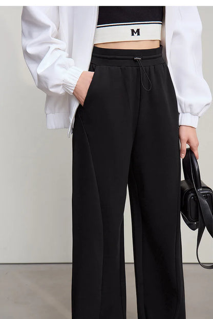 Amii Cotton Pants For Woman 2026 Autumn New Adjustable Rubber Band Waist Casual Pants Long Wide Leg Knit Women Trousers 12641040