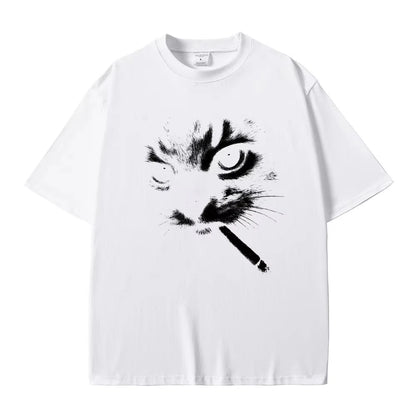 Funny Meme Smoking Cat Face Graphic T-shirts Men Women Casual Cotton Vintage T Shirts Men's Oversized T-shirts Cats Lovers Gifts