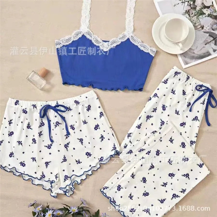 New sexy flower pajamas, women's suits, summer thin trousers, cute home clothing, three-piece suits, outerwear, fashion