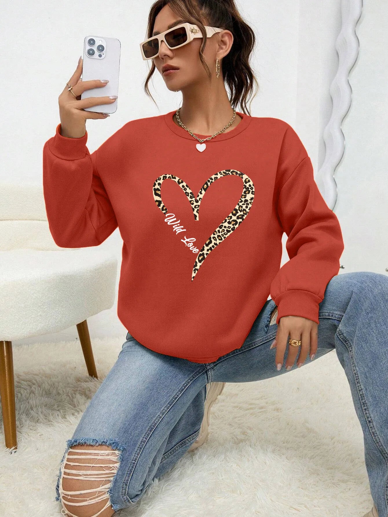 Leopard Wild Heart Pattern Print Female Sweatshirt Street Fur-Liner Pullovers Hipster Clothing All-Match Crewneck  Tracksuit