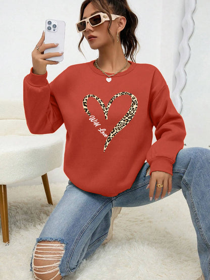 Leopard Wild Heart Pattern Print Female Sweatshirt Street Fur-Liner Pullovers Hipster Clothing All-Match Crewneck  Tracksuit