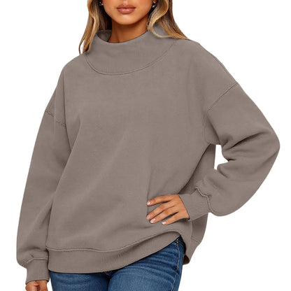 Fashionable Loose High Neck Long Sleeved Solid Color Hoodie for Lady Lazy Style Basic Casual Commuted Pullover Top