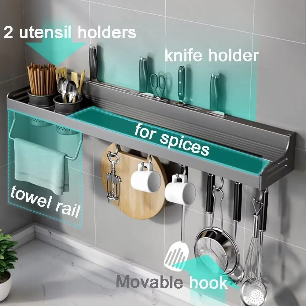 Wall-Mounted Spice Rack - Kitchen Storage Organizer with Hooks for Utensils and Tableware - ZOOMNSTORE