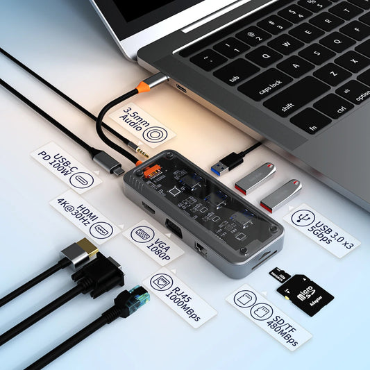 USB C Hub 10 in 1 Docking Station – Type-C Adapter with HDMI, RJ45 Ethernet & VGA - ZOOMNSTORE