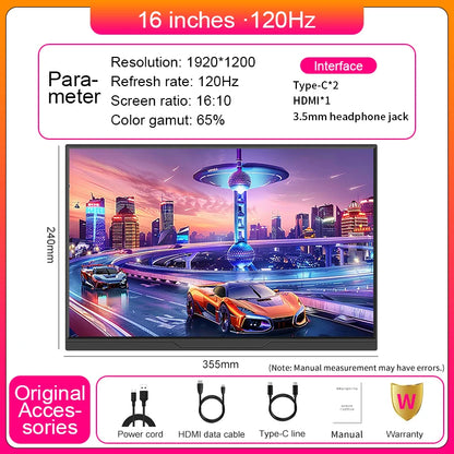 Portable Gaming Monitor 16 Inch IPS Display Screen 120Hz Refresh Rate - HDR10 Matte Surface