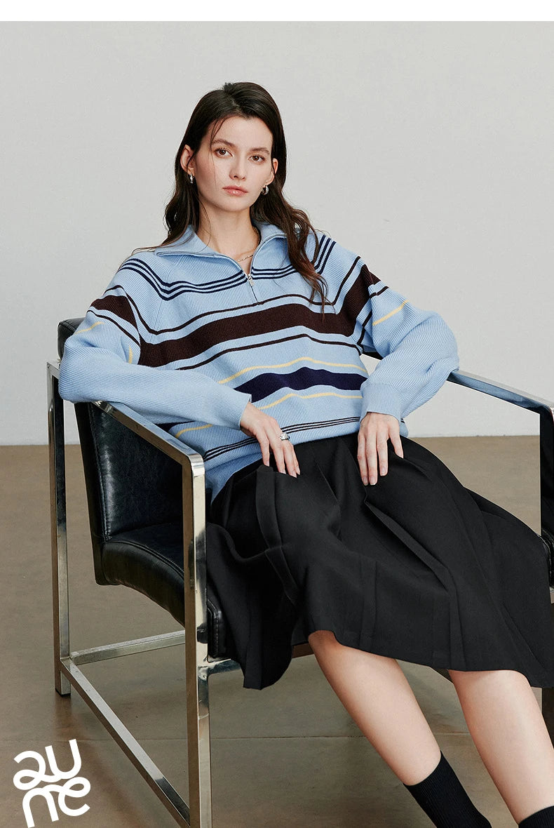 TOYOUTH Women Knitted Sweater 2026 Autumn New Fashionable Style Striped Zipper High Collar Woolen Pullover Sweater Tops