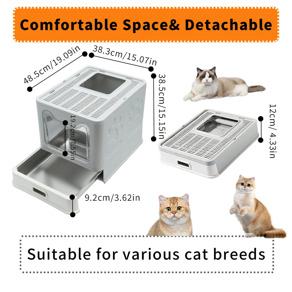 Stainless Steel Covered Cat Litter Box - Large Top Entry Pan with Scoop High Sided for Easy Cleaning - ZOOMNSTORE