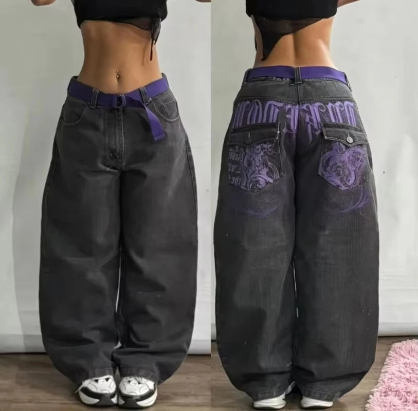 Y2K Vintage Baggy Fallen Knight Cherry Blossom Embroidery Jeans Men Women Fashion Straight Wide-leg Denim Pants Streetwear Jean