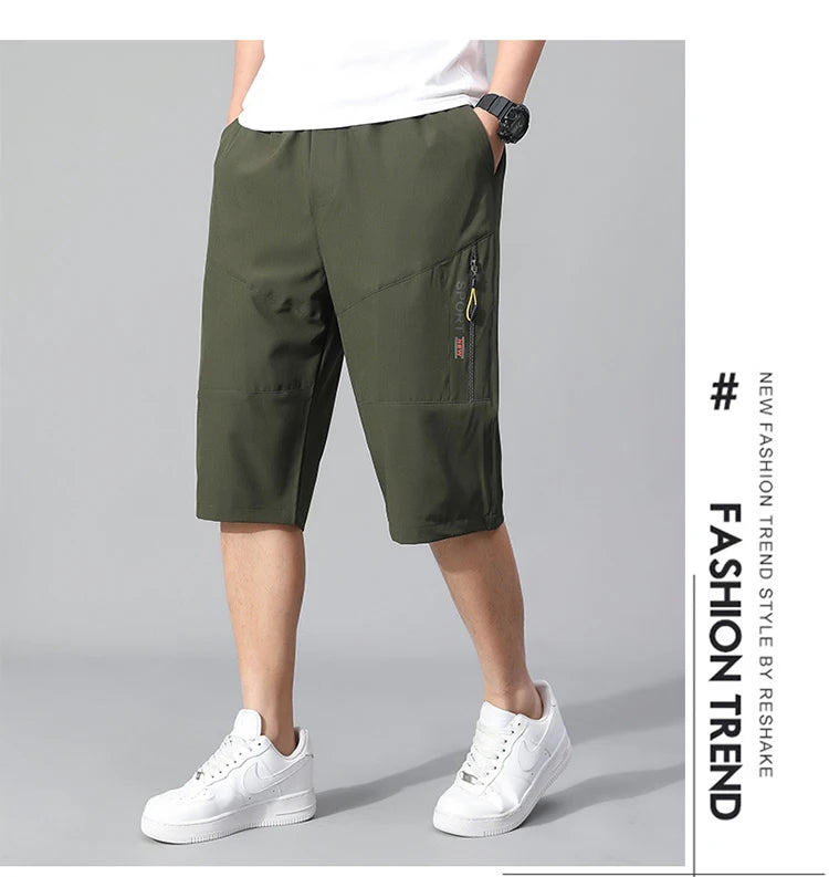 Mens Cargo Shorts - Knee Length Cotton Shorts With Zipper Pockets & Elastic Waist