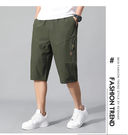 Mens Cargo Shorts - Knee Length Cotton Shorts With Zipper Pockets & Elastic Waist