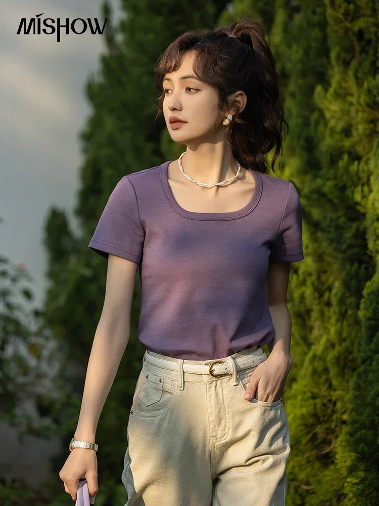 Women's Square-Neck T-Shirt – Elegant Cotton Short-Sleeve Top