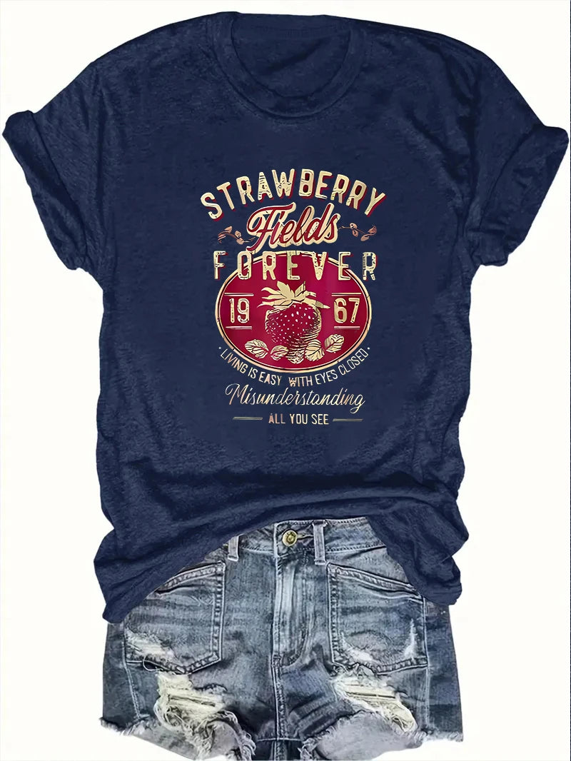 Harajuku Strawberry Fields Forever Letter Print Women T Shirt Short Sleeve Crew Neck Summer Casual Top for Women Clothes Shirts
