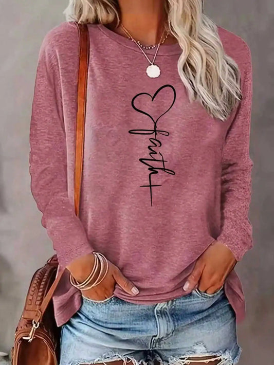Women's Long-Sleeved Loose Round-Neck Top Elegant Solid Color Polyester Knitted T-Shirt Autumn and Winter Fashion Heart Pattern