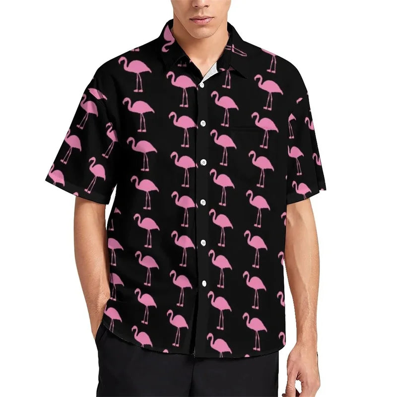 Birds Flamingo Parrot Hawaiian Shirts For Men 3D Printed Vacation Beach Shirt Trendy Short Sleeve Lapel Blouse Streetwear