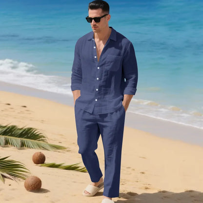 Men's Autumn Loose Trend Linen Solid Color Simple Lapel Long-Sleeved Shirt Beach Trousers Set