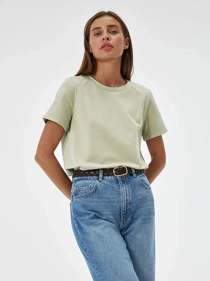 Cotton Womens T-Shirt - Summer Short Sleeve Loose Basic Top